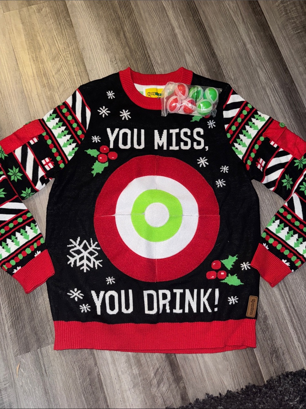 Tipsy Elves Ugly Christmas Men’s Drinking Game Sweater medium party balls